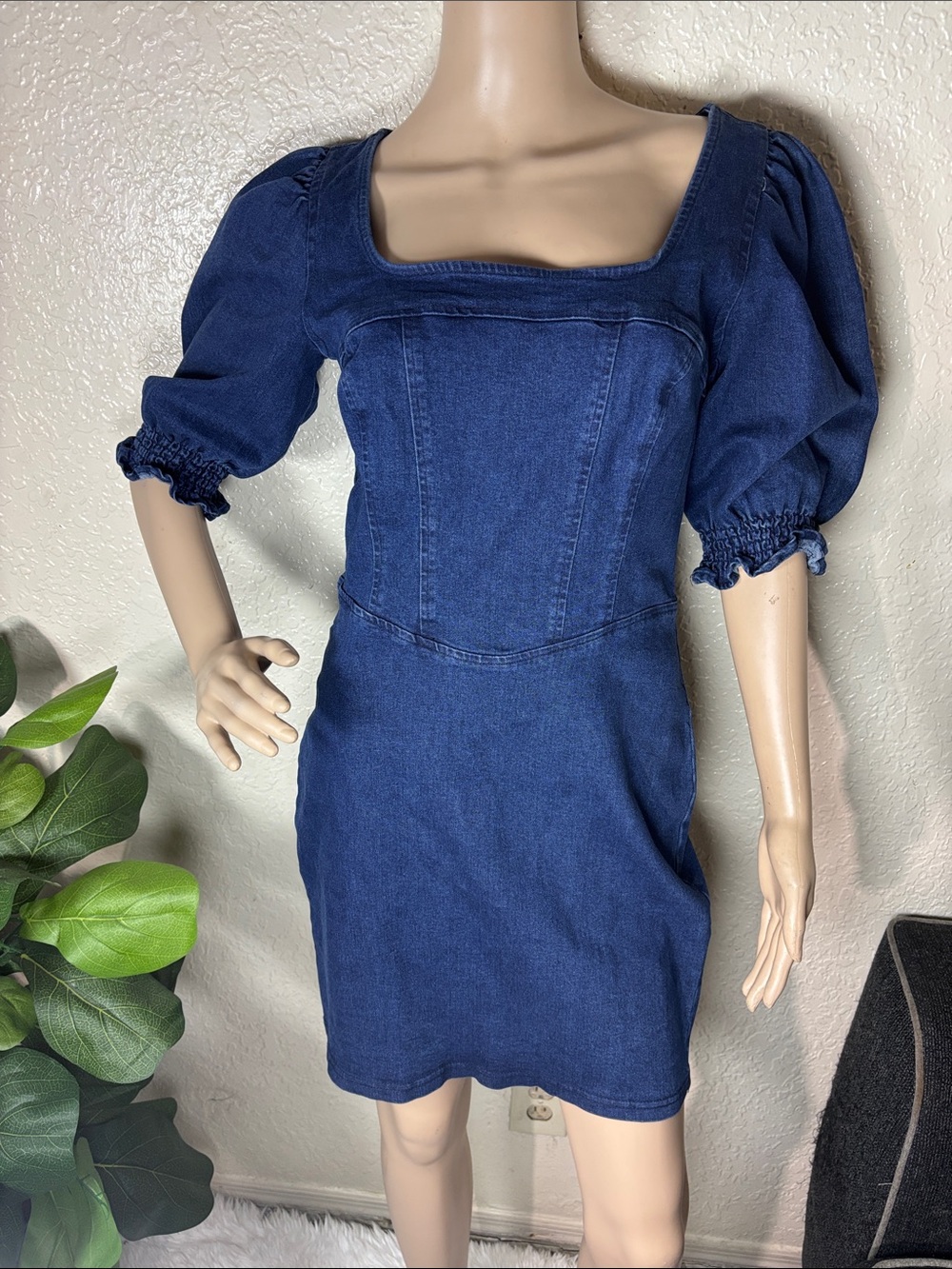 Women’s Square Neck Puff Sleeve Denim Dress - Blue.  Betsey Johnson  dress